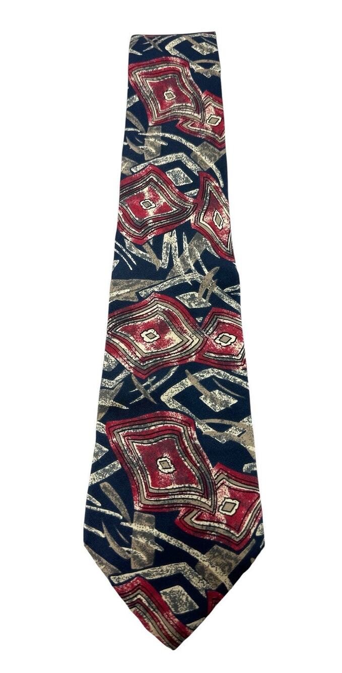 Vintage Imported Italian Silk Necktie Handmade USA Abstract Geometric Red Blue